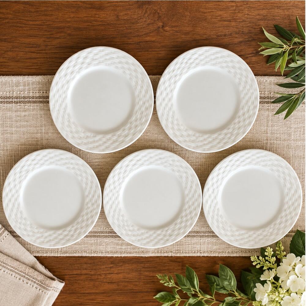 Gibson White Basket Weave Salad Plates Set of 5 7.5” Embossed Woven Rim